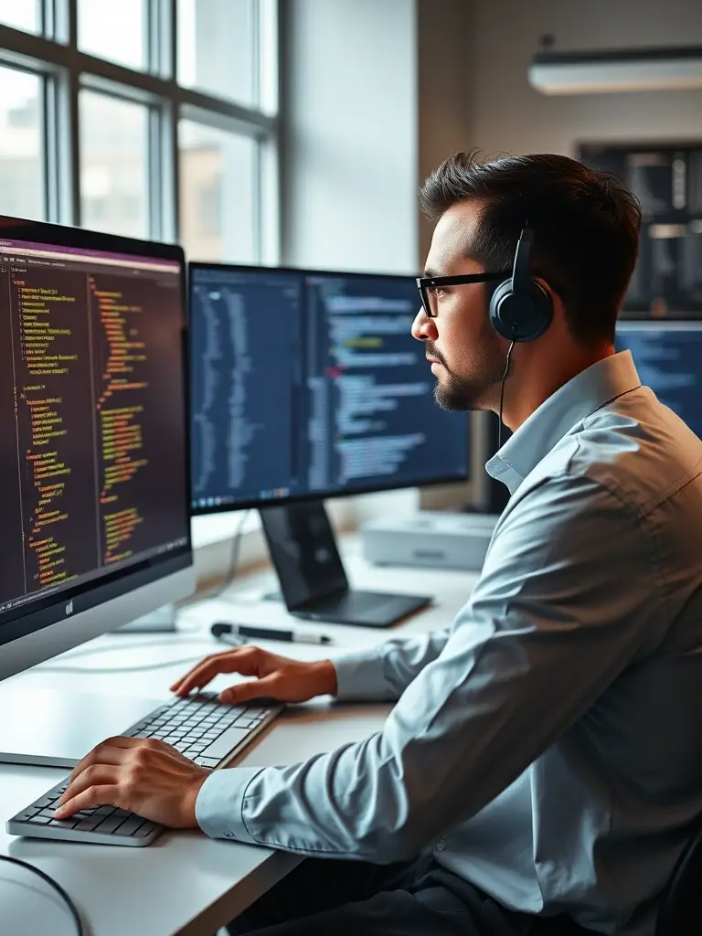 A professional web developer working on a laptop with multiple screens displaying code, website layouts, and development tools. The scene emphasizes a modern workspace with a focus on coding and web development activities, representing the Full-Stack Website Development package.