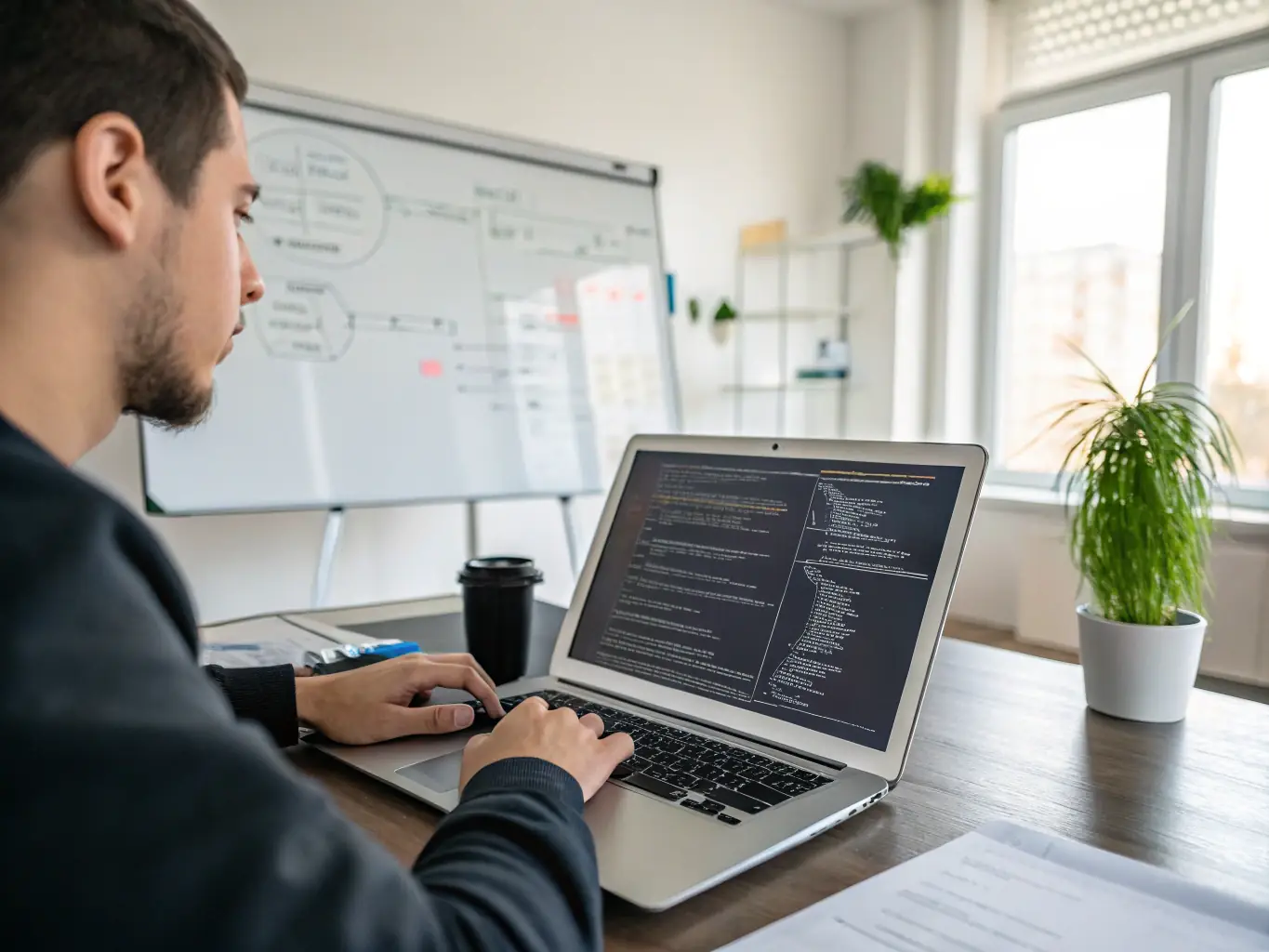 A developer working on a website's backend code, highlighting Refreshed Website's proficiency in web development and ensuring websites are technically sound and optimized for performance.